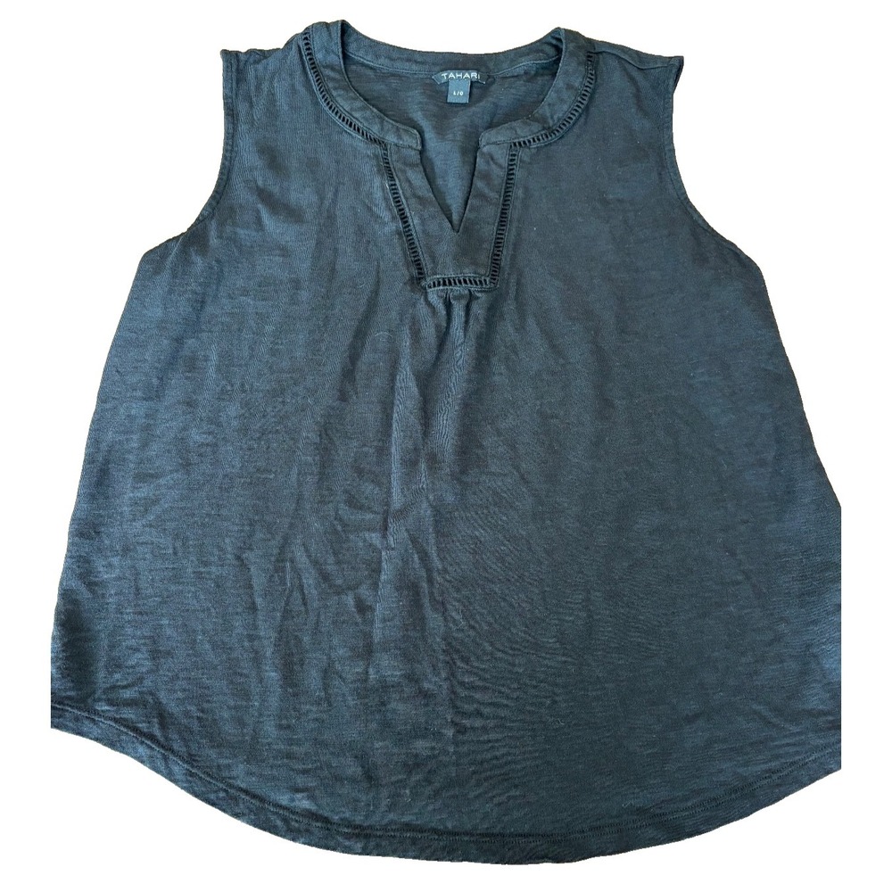 Tahari black V-neck sleeveless knit pullover lace trim womens' size Large travel